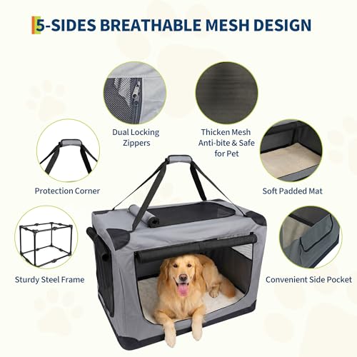 36 Inch Soft Dog Crate Collapsible 3-Door Travel Kennel for Large Dogs Indoor Outdoor Car Use, with Portable Fleece Bed, Side Pocket & Safety Zippers - size: XL 36x25x25''