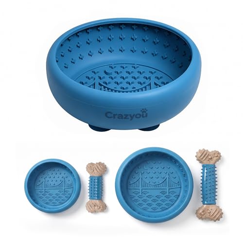 Dog Lick Bowl with Bone Chew Toy, BPA Free Silicone Lick Mat for Dogs, Slow Feeder Dog Bowl with Strong Suction, Dog Freezer Bowl for Anxiety Relief, Paw Calm, Dishwasher (Blue, L) - size: Large