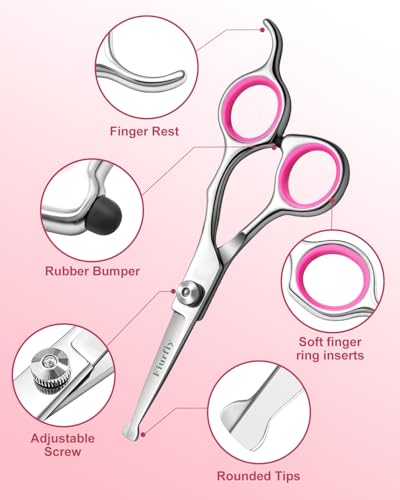 Furry Professional Pet Grooming Scissors with Safety Round Heads - 6 in 1 Curved Scissors for Dogs and Cats - color: Pink
