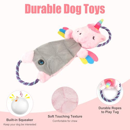 Interactive Squeaky Dog Chew Toy, Tough Plush Dog Toys for Chewers, Small, Medium & Large Dogs, Plush with Double Rope Handles for Tug of War, Mess-Free, Pink - color: Pink