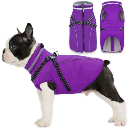 Fragralley Dog Coat with Harness Built in, Waterproof Windproof Reflective Warm Puffer Jacket, Fleece Lined Vest Winter Parka for Small, Medium, Large Dogs - color: Purple, size: X-Small