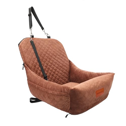 Wooaidagg Dog Car Seat for Small Dogs,Covered Soft Fabric and Fill in Memory Foam,Easy to Assemble and Fully Detachable,2 Clip-On Safety Leashes and Storage Pockets(Brown) - color: Brown