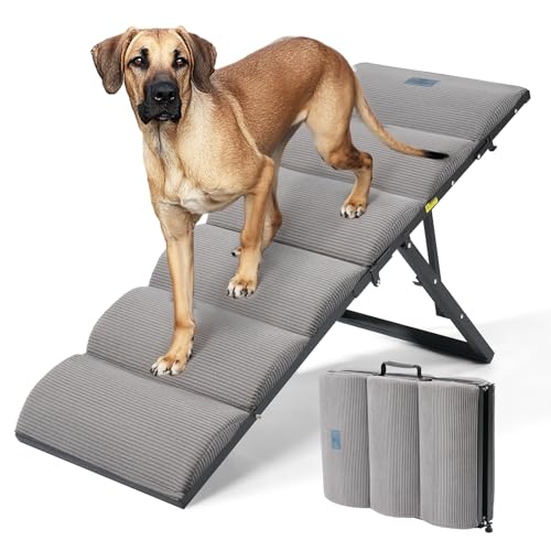 Veehoo Dog Ramp for Bed Couch Height Adjustable from 17" to 23", Foldable Stairs for Dogs to Get on Bed 17" Extra Wide, Portable Pet Doggie Steps Indoor with Non Slip Pad, Support up to 150 lbs - size: 48"L x 17"W x 23"H