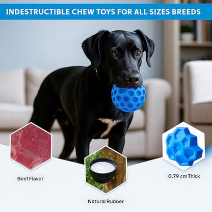 Durable Indestructible Squeaky Dog Ball for Aggressive Heavy Chewers, Unbreakable Tough Natural Rubber Dog Toy, Bouncy Interactive Ball for Medium & Large Dogs, Safe for Teeth & Gums (Blue) - color: Blue