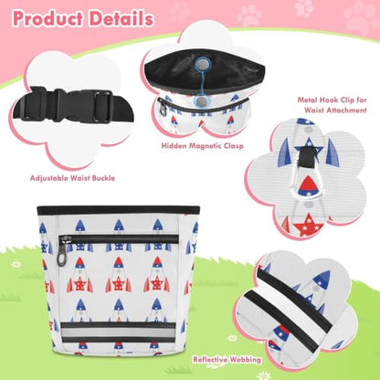 Independence Day Pattern Water-Resistant Dog Treat Pouch, 3 Ways to Wear Treat Bag with Magnetic Closure & Reflective Strip, Hands-Free for Pet Training, Walking
