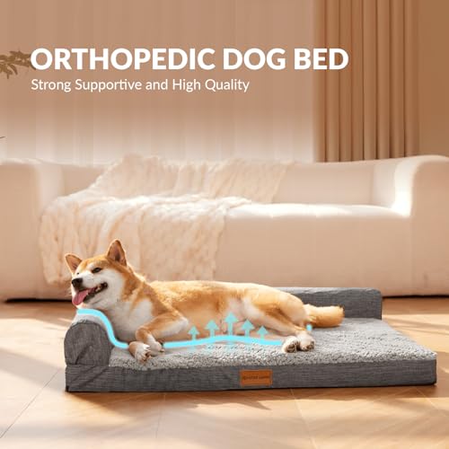 Patas Lague Orthopedic Dog Bed Large Sized Dog 36''X24'', Waterproof L Bolster Medium Pet Sofa Beds with Removable Washable Cover, Soft Pet Couch Crate Mat with Nonskid Bottom, Grey - color: Grey, size: 36"L x 24"W x 3.5"Th