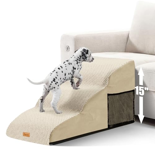 Topmart High Density Extended Foam Dog Ramp&Steps 3 Tiers,15.7" High | Non-Slip Dog Stairs with Removable Cover,Soft Foam Pet Ladder,Best for Injured,Older Cats,Pets with Joint Pain - color: Beige, size: 33.1*15.7*15.7