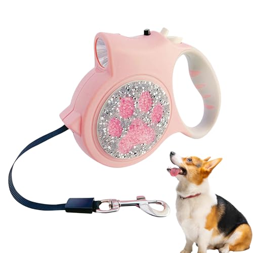Led Retractable Dog Leash – 16ft Leash with Handcrafted Sparkle Detail Tangle-Free One-Hand Brake Soft Grip Handle for Small & Medium Dogs Up to 77lbs (DL-PK) - color: DL-PK