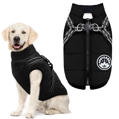 PETCARE Winter Dog Coat with Harness Built in Waterproof Dog Jackets Warm Pet Fleece Vest Windproof Snow Jacket Snowsuit Reflective Dogs Cold Weather Coats for Puppy Small Medium Large Dogs Cats - color: Black, size: 4XL(Chest 26.8" Suggest 30-45 lbs)