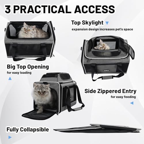 Cat Carrier Top-Expandable 18x11x11, United Delta American Airline Approved Dog Carrier, Soft-Sided Pet Carry Bag Under-Seat in Cabin, Puppy Airplane Travel Crate TSA Plane Kitten Cage Grey - color: Grey