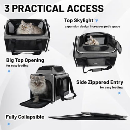 Cat Carrier Top-Expandable 18x11x11, United Delta American Airline Approved Dog Carrier, Soft-Sided Pet Carry Bag Under-Seat in Cabin, Puppy Airplane Travel Crate TSA Plane Kitten Cage Grey - color: Grey