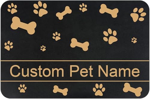 Personalized Dog & Cat Food Mat with Name | Waterproof PU Pet Bowl Mat | Non-Slip Rubber Bottom | Easy Clean | 3 Sizes (24"×16", 30"×20", 36"×24") (Golden Bone and paw Prints) - color: Golden bone and paw prints