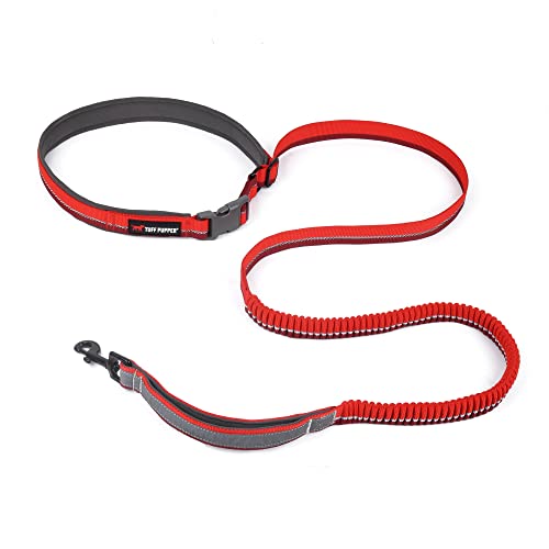 Tuff Pupper Hands Free Bungee Dog Leash | Lightweight for Running Jogging Walking | Adjustable Padded Waist Belt (24-50 inch) | Bungee Stretch 3 to 6 Feet | Strong Ballistic Nylon w/Reflective Strips - color: Fiery Red