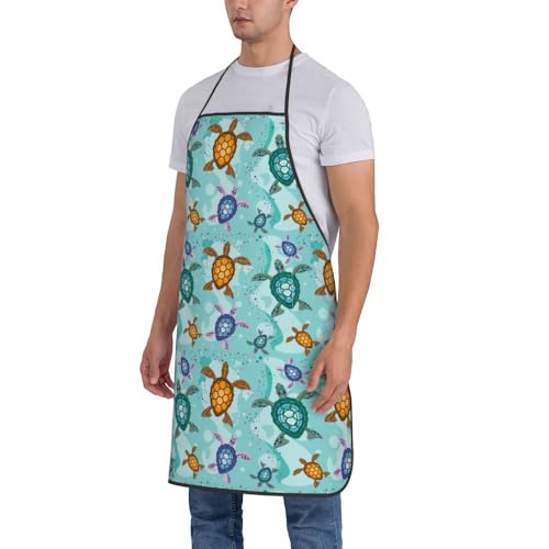 Women Men Bib Aprons Chef Cooking Apron With Pockets For Kitchen Grilling Bbq Painting Gardening - color: Sea Turtle