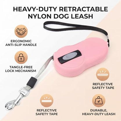 Naroote Retractable Dog Leash, Cat Leash Heavy Duty Pet Leash with Nylon Reflective Tape 2 Meter Dog Walking Leash Dog Leash for Small Dogs for Small Medium Large Dogs (Roseate)