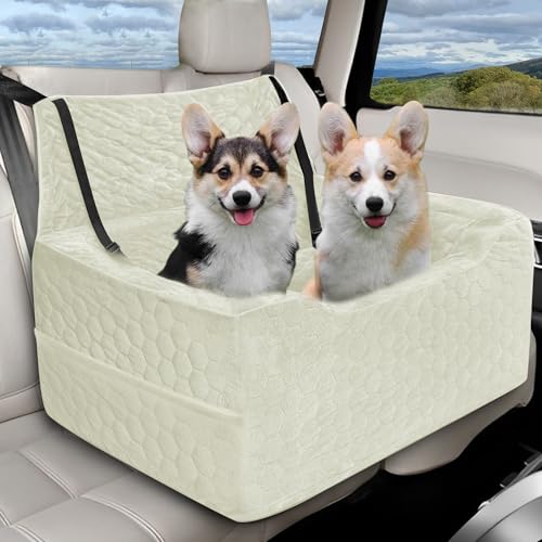 Dog Car Seat for Medium/Large Dog Booster Seat Under 60 lbs or 2 Small Dogs, Multi-Functional Pet Car Seat with Thick Cushion, 2 Safety Leashes (White) - color: White