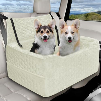 Dog Car Seat for Medium/Large Dog Booster Seat Under 60 lbs or 2 Small Dogs, Multi-Functional Pet Car Seat with Thick Cushion, 2 Safety Leashes (White) - color: White