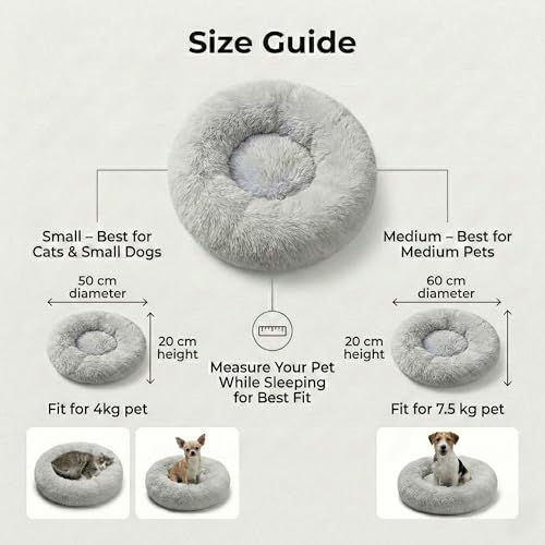 Cozy Plush Calming Dog & Cat Bed – Anti-Anxiety, Washable Round Donut Bed for Small & Medium Pets – Soft, Fluffy, Vacuum Packed (Gray, M) - size: M