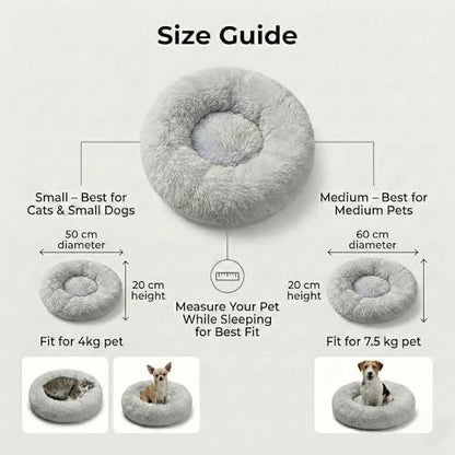 Cozy Plush Calming Dog & Cat Bed – Anti-Anxiety, Washable Round Donut Bed for Small & Medium Pets – Soft, Fluffy, Vacuum Packed (Gray, M) - size: M