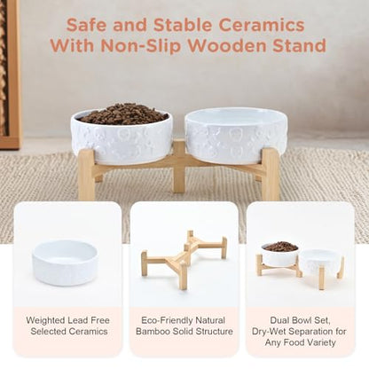 SPUNKYJUNKY Elevated Dog Bowls Ceramic, 5.1'' Dogs and Cat Food Water Bowls Raised with Non-Slip Bamboo Stand for Puppy Small Sized Breed Microwave Dishwasher Safe - 13.5 OZ,Skull White - color: White - Skull, size: 5.1 in - 1.7 cups