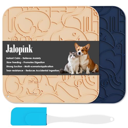 Jalopink Lick Mat for Dogs & Cats,Dog Lick Mat with Suction Cups for Anxiety Relief, Slow Feeder Dog Licking mat, Puppy Lick mat for Bath Time, Grooming & Training 2 Pack - color: 7.9"x7.9"｜Navy Blue & Caramel