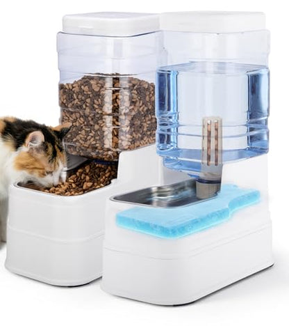 2 Pack Automatic Cat Feeder and Water Dispenser 1.3Gallon Dog Gravity Food Feeder and Water with Ice Pack Stainless Steel Dry Food and Waterer Bowl for Small Medium Large Pets (White) - color: White