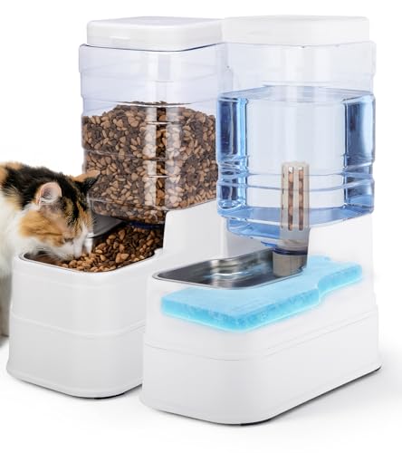 2 Pack Automatic Cat Feeder and Water Dispenser 1.3Gallon Dog Gravity Food Feeder and Water with Ice Pack Stainless Steel Dry Food and Waterer Bowl for Small Medium Large Pets (White) - color: White
