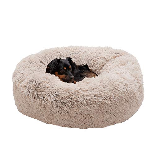 Furhaven 30" Round Calming Donut Dog Bed for Medium/Small Dogs, Refillable w/ Removable Washable Cover, For Dogs Up to 45 lbs - Shaggy Plush Long Faux Fur Donut Bed - Taupe, Medium - color: Taupe, size: Medium