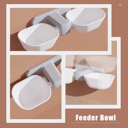 LALAFINA Wall-Mounted Cat Double Bowl Pet Feeder with Water and Food Containers, White Plastic Feeding Station for Cats and Small Dogs, Space-Saving Wall Holder for Home Use