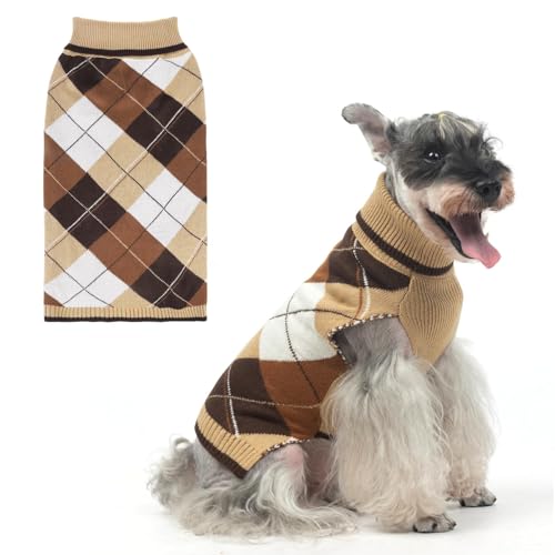 KOOLTAIL Dog Sweater Pet Knitted Clothes - Classic Plaid Pullover Turtleneck Thick Warm Fall Dog Sweaters with Leash Hole, Soft Dog Winter Clothes for Small Medium Large Dogs Cats Puppy Girls Boys,SM - color: Khaki, size: Small/Medium