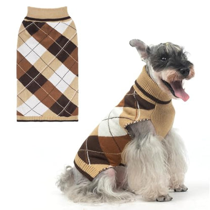KOOLTAIL Dog Sweater Pet Knitted Clothes - Classic Plaid Pullover Turtleneck Thick Warm Fall Dog Sweaters with Leash Hole, Soft Dog Winter Clothes for Small Medium Large Dogs Cats Puppy Girls Boys,SM - color: Khaki, size: Small/Medium