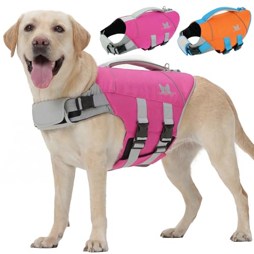 Nanaki Dog Life Jacket Large, Dog Life Vest for Swimming Boating-High Buoyancy Dogs Swim Vest with Rescue Handle D-Ring Reflective Adjustable Ripstop Floating Lifejacket,Golden Retriever,Rose Red,2XL - color: RoseRed, size: XX-Large