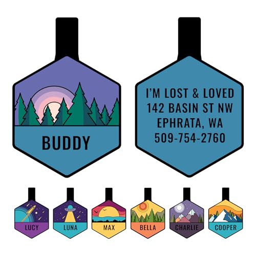 GoTags Silent Dog Tag, Personalized Engraved Hexagon Silicone Pet ID Tag | Dog and Cat Name, Number Address or Message, 5 Lines Custom Text, Soundless No More Jingling Dog Tags (Forest Purple) - size: Hexagonal (Pack of 1), style: Forest Purple