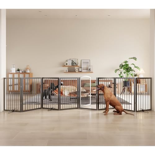 JSB 192-inch Extra Wide 30-inch Tall Dog gate with Door Walk Through,Full Matel Freestanding Round Tube Pet Gate for Halls Stairs, Puppy Safety Dog Fence with 4PCS Support Feet (Black) - color: Round Tube Black, size: 192 x 30 inches