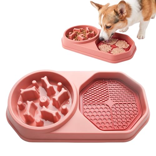 Slow Feeder Dog Bowl with Silicone Lick Mat, Non-Slip Dual Feeding Station for Dogs, Slow Eating Bowl to Help Reduce Fast Eating, Removable Lick Pad (Red) - color: Red