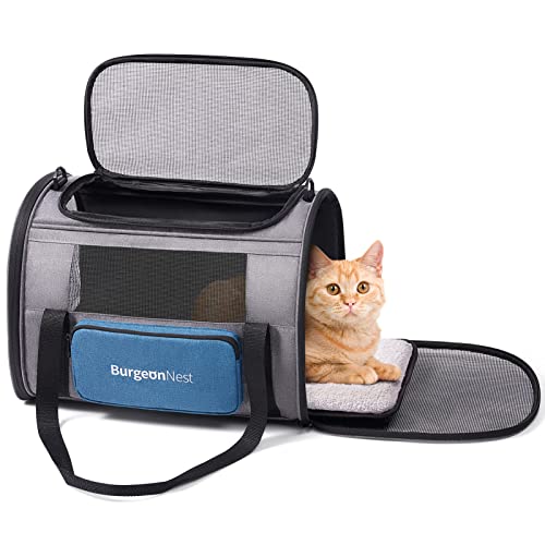 BurgeonNest Pet Carrier for Large Cats, Soft-Sided Cat Carrier for Big Cats and Small Dogs Up to 20 lbs, Top Loading Collapsible Escape-Proof Travel Cat Bag with 4 Mesh Windows & Side Storage, Blue - color: Blue, size: 17.7"L x 12.0"W x 12.5"H