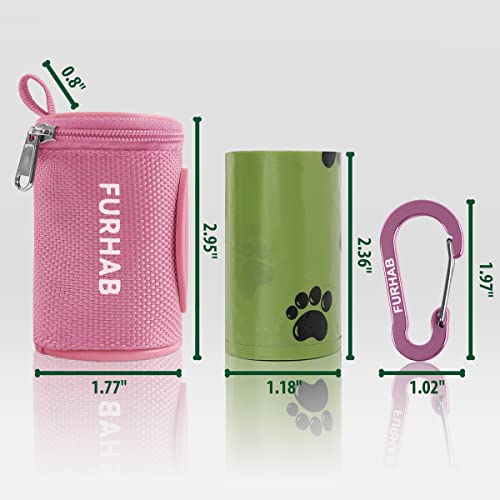 FURHAB Dog Poop Bag Holder for Leash Doggie Waste Bag Dispenser Soft Fabric Puppy Potty Carrier Small Doggy Zipper Pouch with Carabiner Clip 1680D Nylon Oxford with 1 Roll of Pet Trash Bags, Pink - color: Pink