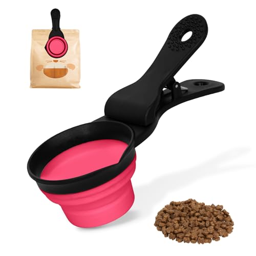 Collapsible Dog Food Scoop Foldable Pet Food Bag Clip 3 in 1 Multi-function Silicone Cat Food Measuring Cup Scoop Dog Food Scooper Pet Food Storage Clip (Rose Red, 1/2 Cup Capacity(1 Pack)) - color: Rose Red, size: 1/2 Cup Capacity(1 Pack)