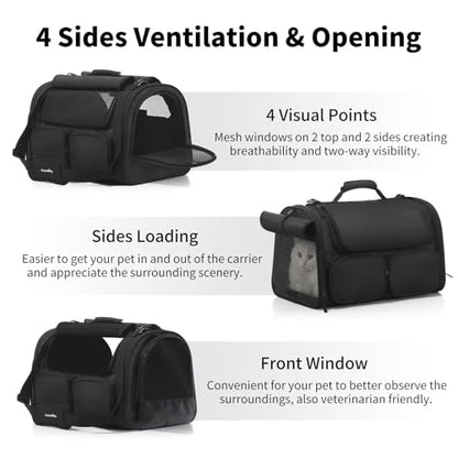 FUKUMARU Cat Carrier, 4 Mesh Windows Small Dog Carrier, 4 Storage Pockets Cat Travel Bag, Under 15 lb Airline Approved Pet Carrier, Rollable Cover for Nervous Cats, Black - color: Black