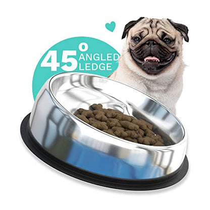 Enhanced Pet Bowl – Slanted Stainless Steel Dog Bowl for Flat-Faced Breeds Like Bulldogs, Pugs, Frenchies – Raised Back, No-Spill, Reduces Gas & Mess – Large Size, Non-Slip, Food-Grade - size: Large