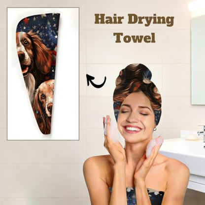 American Usa Flag Dogs Microfiber Bathrobe and Hair Towel Wrap Set for Women Quick Dry Shower Towels Wrap Absorbent Soft Bath Robe and Hair Drying Cap for Spa After Shower