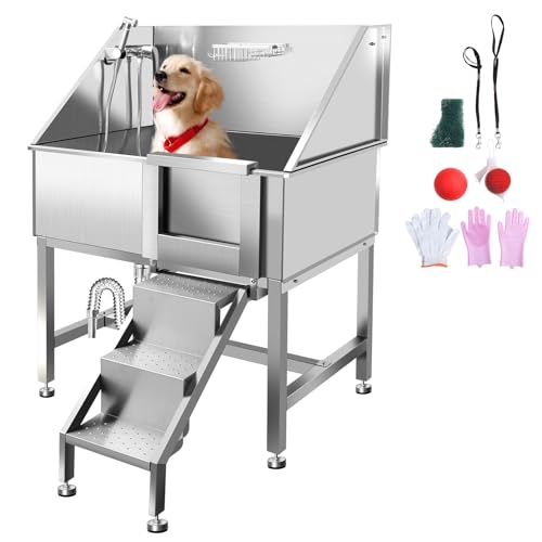 38" Dog Bathing Station, Professional Dog Washing Station Stainless Steel Dog Grooming Tub for Home,Equipped with Three Anti-Slip Steps, Removable Door, Pet Wash Station for Pet,R-RAMP - color: R-RAMP