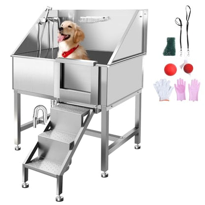 38" Dog Bathing Station, Professional Dog Washing Station Stainless Steel Dog Grooming Tub for Home,Equipped with Three Anti-Slip Steps, Removable Door, Pet Wash Station for Pet,R-RAMP - color: R-RAMP