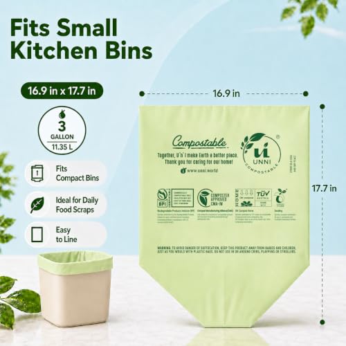 UNNI Compostable Trash Bags, 3 Gallon / 11.35 Liter, 600 Count Value Pack, Extra Thick 0.71 Mil Kitchen Food Scrap Bin Liners, Certified by BPI, CMA & OK compost HOME, Meets the ASTM D6400 Standard - size: 600 Count (Pack of 1), style: 3 Gallon