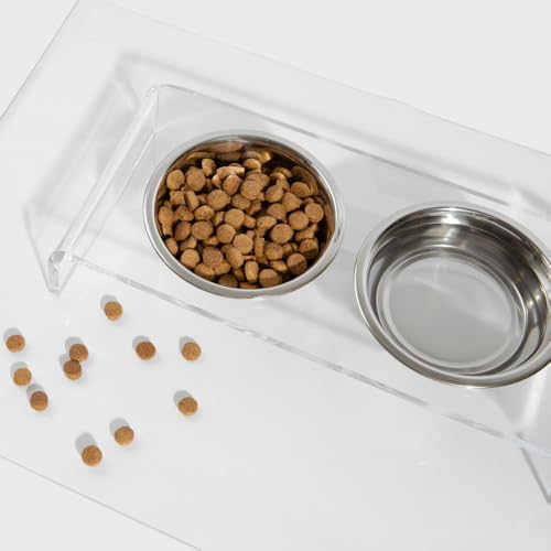 Hiddin Double Elevated Dog Bowl Stand for Medium or Large Dogs, All Breeds, Clear Acrylic 7 Inch Raised Dog Bowl Stand with Two Stainless Steel Bowls for Food and Water - 6.5 Cups Each Dish - size: 6.5 Cups