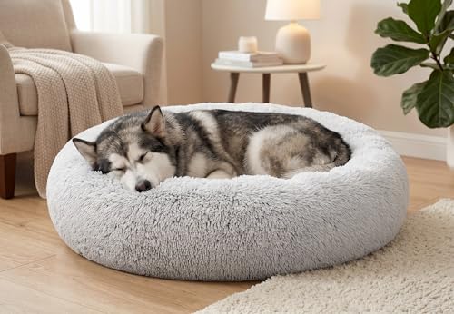 SAVFOX 36 inches Calming Donut Dog Bed - 3X Durable Plush Faux Fur, Machine Washable & Non-Slip, Fits up to 100 lbs, Light Grey - color: Light Grey, size: Large | 36"x36"