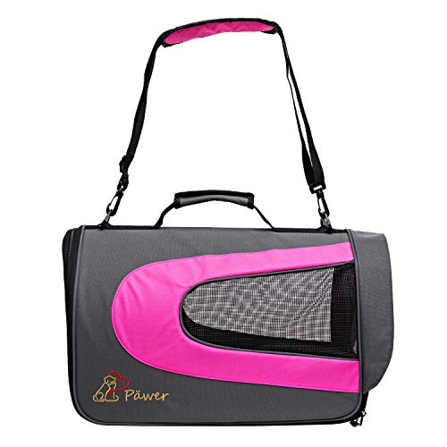Pawer 18” x 11”x 11” Soft-Sided Foldable Airline Approved Pet Carrier for Cat, Puppy and Small Dog, Washable 600D Oxford Fabric, with Handle and Strap for Carry, Multiple Colors Available - color: Grey+Hot Pink