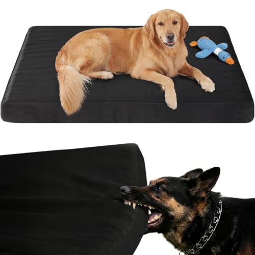 RRPETHOME 3" Chew Proof Indestructible Dog Bed for Large Aggressive Chewers,Durable Tough Fabir Chew Resistant Crate Dog beds for Large Dog & Puppy,Orthopedic Egg Foam Kennel Mat Pad Black 55x42x4