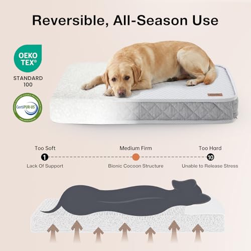 ZOMISIA Breathable Orthopedic Dog Bed for Large Dog, Reversible Warm & Cooling Dog Bed Mattress for All Season, 4" Thick Honeycomb Supportive Pet Bed with Detachable Non-Slip Bottom, Waterproof Cover - size: Large