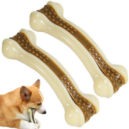 Dog Chew Toys for Aggressive Chewers, 2 Pack Beef Flavor Tough Dog Bones for Large/Medium Breed Dogs, Nylon Dog Toys for Teething and Training - size: Large+Large